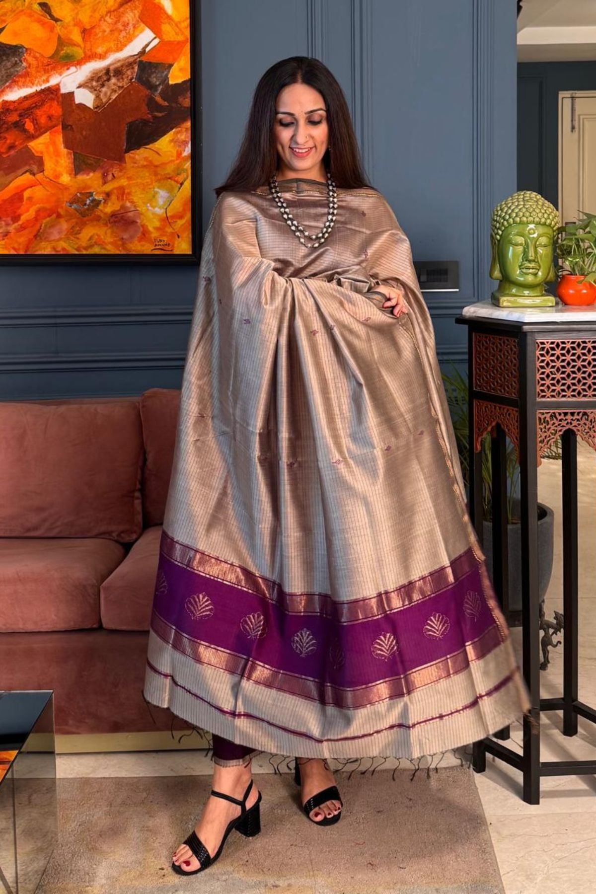 Handwoven Maheshwari silk kurta dupatta set